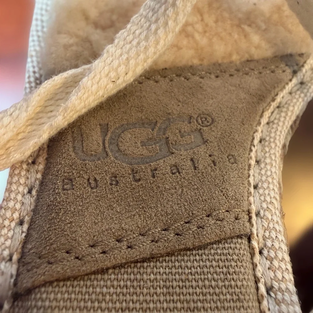 UGG Amelie Lace Up Shearling Lined Espadrille Wedge Heels Cream Canvas Size 9